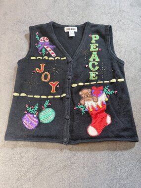 Ugly Christmas Sweater Vest Women's Large Black Beaded Stocking Candy Cane Knit
